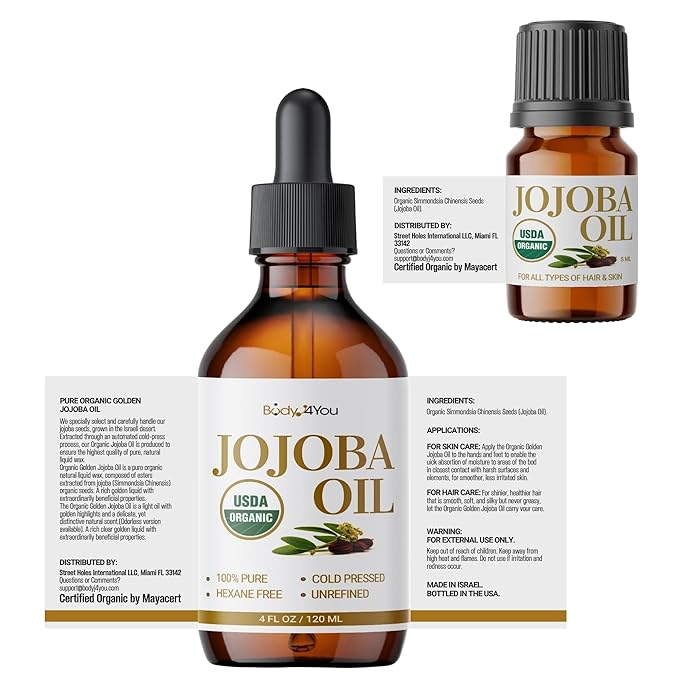 BodyJ4You Organic Jojoba Oil for Skin - USDA Organic 100% Pure Natural - Face Skin Gua Sha Facial Dermaplaning Hair Scalp Massage - Unrefined Cold Pressed Hexane Free - Base Carrier Wax - 4.22 Fl Oz
