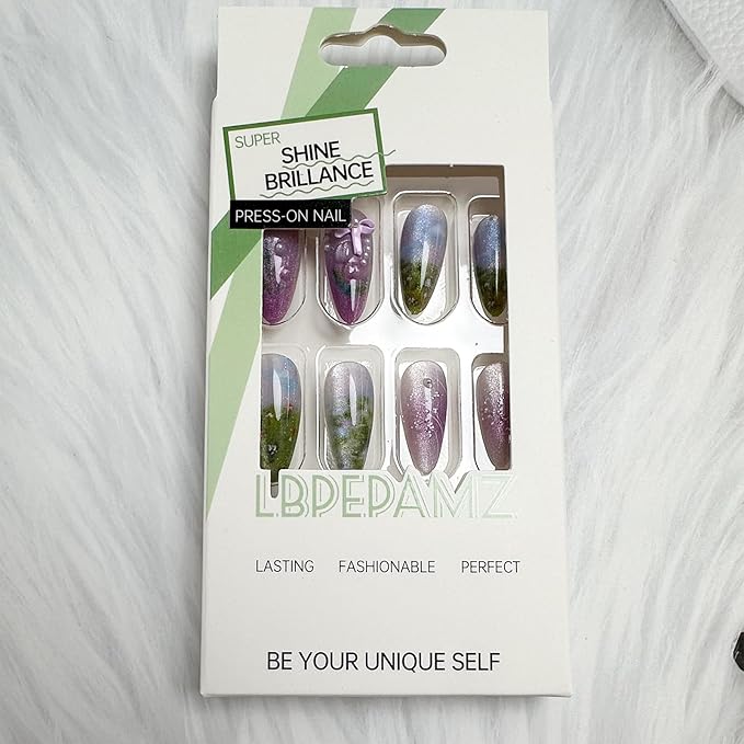 Flower Press on Nails Medium Almond Fake Nails Colorful Spring Floral False Nails with 3D Pearl Bow Designs Nude Pink Gradient Stick on Nails Full Cover Glossy Acrylic Glue on Nails for Women 24Pcs