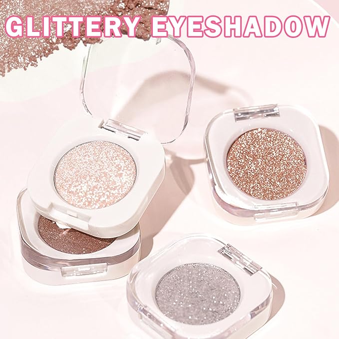 Glitter Champagne Pearl and Metallic Silver Single Eyeshadow,Ultra Fine Shimmer Eyeshadow Lightweight Sparkling Blendable Formula,Daily Multiuse Glossy Eyes Makeup (10 Cowboy + 12 Cold Brew)