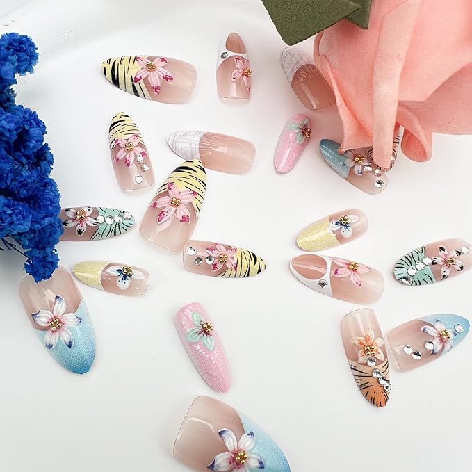 30Pcs Colorful Flower Press on Nails Medium Almond Fake Nails with 3D Gold Beads Rhinestones Design White Leopard Line French Tip False Nails Pink Nude Stick on Nails for Spring Summer Nails