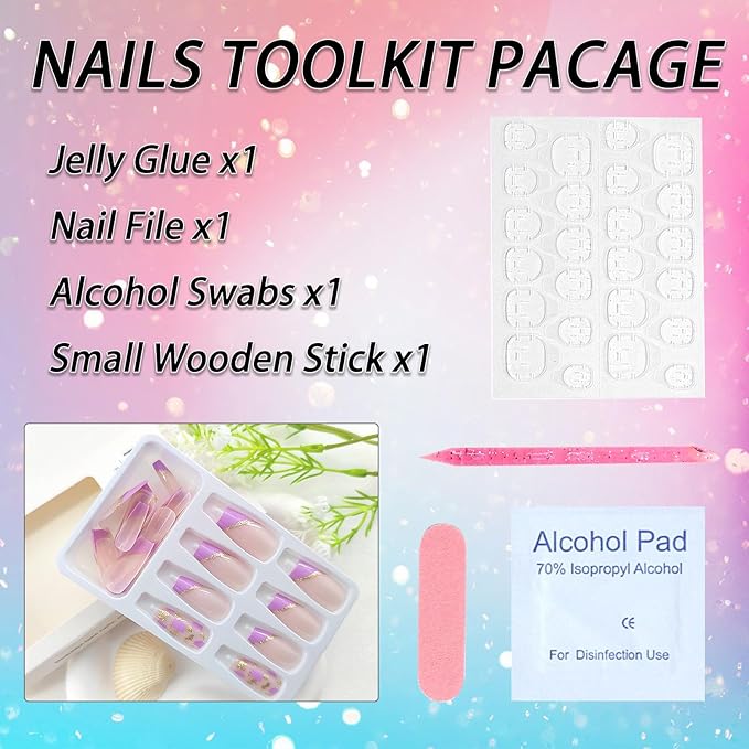 Acrylic Press on Nails Coffin Medium Purple French Tip Fake Nails Press ons Golden Glitter Lines Glue on Nails Glossy Stick on Nails Artificial False Nails for Girls 24Pcs