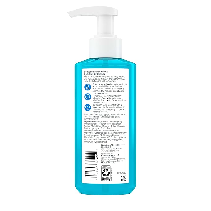 Neutrogena Hydro Boost Face Wash, Fragrance Free, Hydrating Facial Cleanser with Hyaluronic Acid, Daily Foaming Face Wash & Makeup Remover, Hypoallergenic Gel Cleanser, 7.8 fl. oz