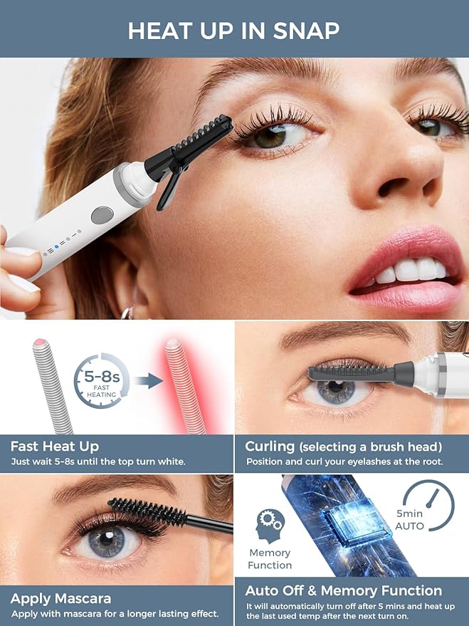 Smiling Shark Heated Eyelash Curler, 360ยฐWand-Style Heated Lash Brush Rechargeable with 3 Brush Heads & 3 Temp & 5s Fast HeatingใLengthen/Define/Curlerใ 3-in-1 Lash Curler for All Types of Lashes