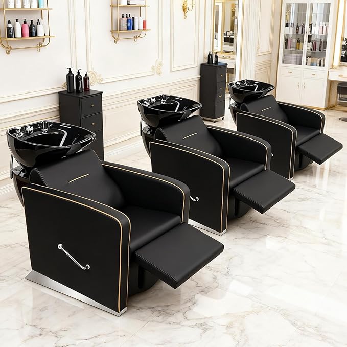 OmySalon Backwash Shampoo Unit for Salon, Hair Washing Station with Ceramic Bowl Adjustable Footrest, Reclining Shampoo Chair for Beauty Spa Barbershop