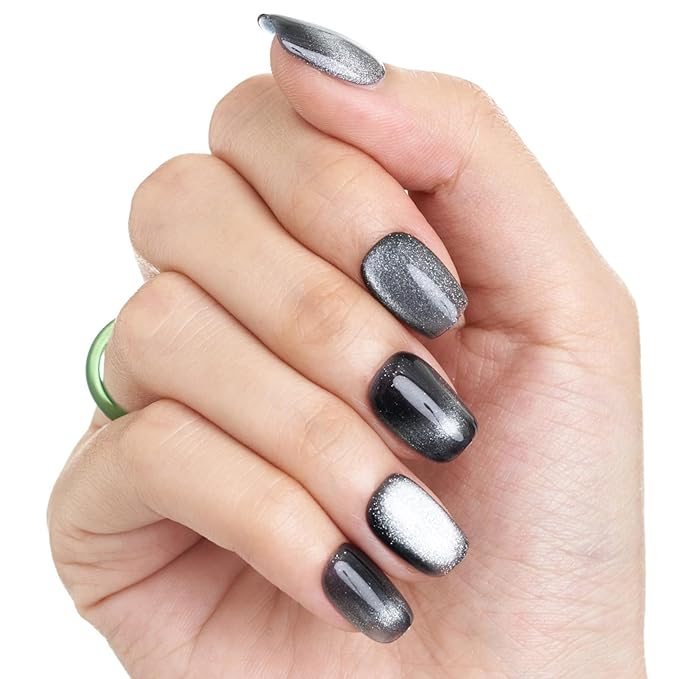 GLAMERMAID Press on Nail Extra Short Square, Winter Handmade Black French Tip Cat Eye Gel Glue on Nail, Glossy Fake Nails Reusable Acrylic False Nails Manicure Kits for Women