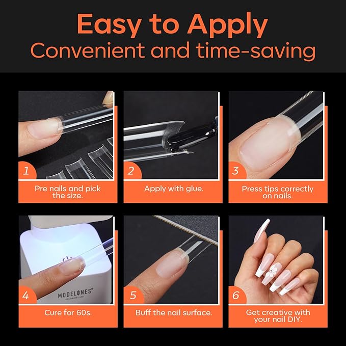 modelones XXL Long Coffin French Nail Tips, 504 PCS No C Curve Half Cover Clear Acrylic Fake Nails Tips Gel Pre-shaped 12 Sizes with Box