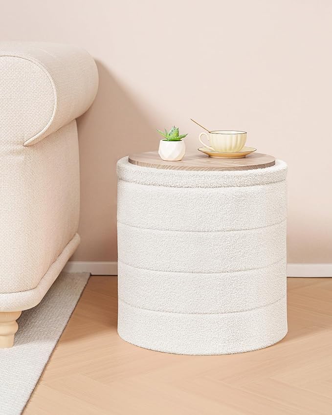 B FSOBEIIALEO Ottoman with Stroage, Round Sherpa Storage Ottoman Stool, Boucle Foot Rest 14.6"x14.6"x17.7"(White