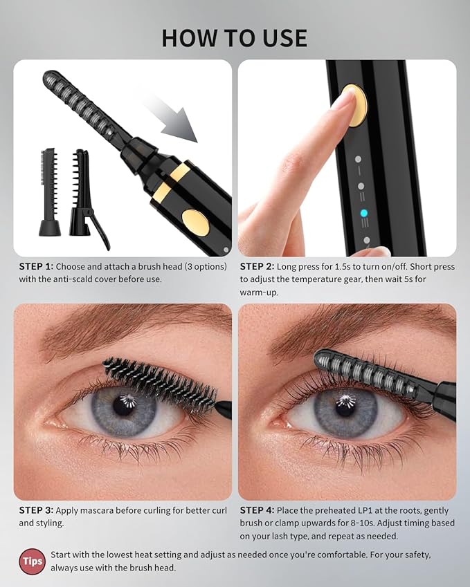 COPPA Electric Lash Curler, LP-1 Lipstick Type 3-in-1 Heated Eyelash Curler with 3 Brush Heads 3 Curling Modes and 3 Temp & 5s Quick Heat-up, Perfect for Beginners and Makeup Pros, Black