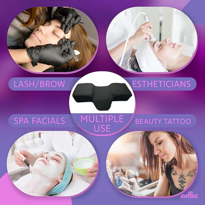 Lash Pillow for Eyelash Extensions - Curved Memory Foam Bed Pillow, Ergonomic Head Rest with Neck Support, Side Pockets for Tools, Fits Lash Beds for Tech – Black