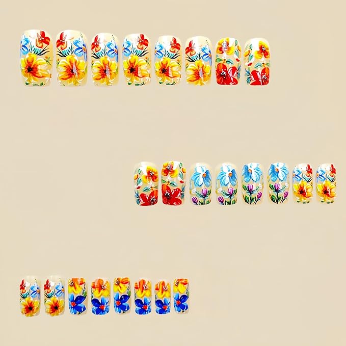 Flowers Press on Nails Medium Square Fake Nails 3D Floral Acrylic Nails Colorful Flower False Nails Spring Stick on Nails Cute Artificial Nails for Women Girls Manicure 24Pcs