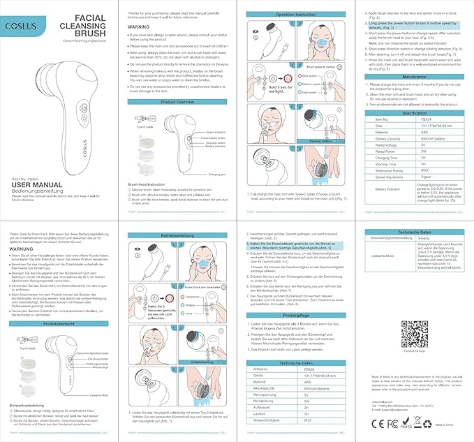 COSLUS Powered Facial Cleansing Brush: Rechargeable Electric Face Cleanser for Sensitive & Acne-Prone Skin, 3 Brush Heads, 3 Speeds, 2-Direction Rotation, for Men Women IPX7, Deep Cleaning Blue