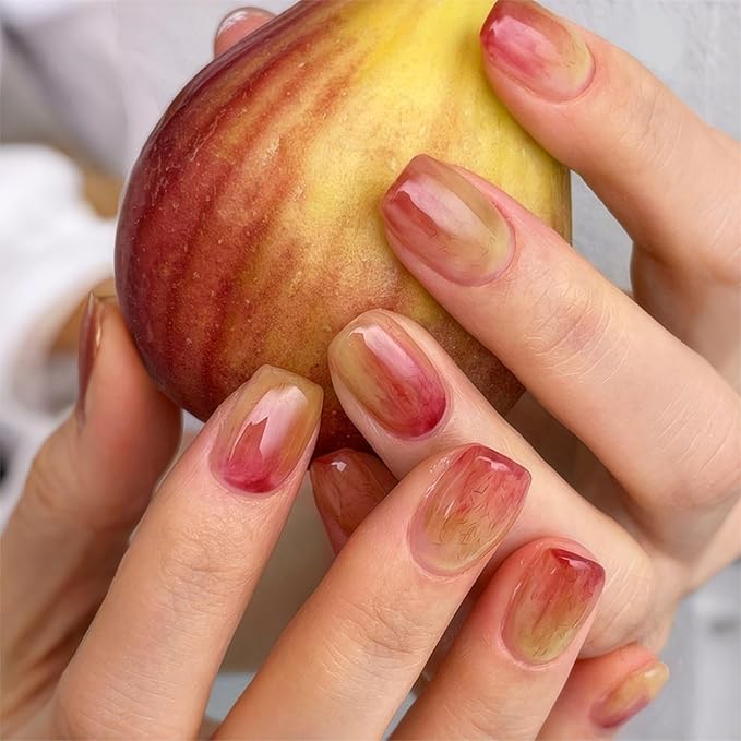 Cute Press on Nails Short Fake Nails Oval False Nails with Design Red Full Cover Nails for Girls 24pcs