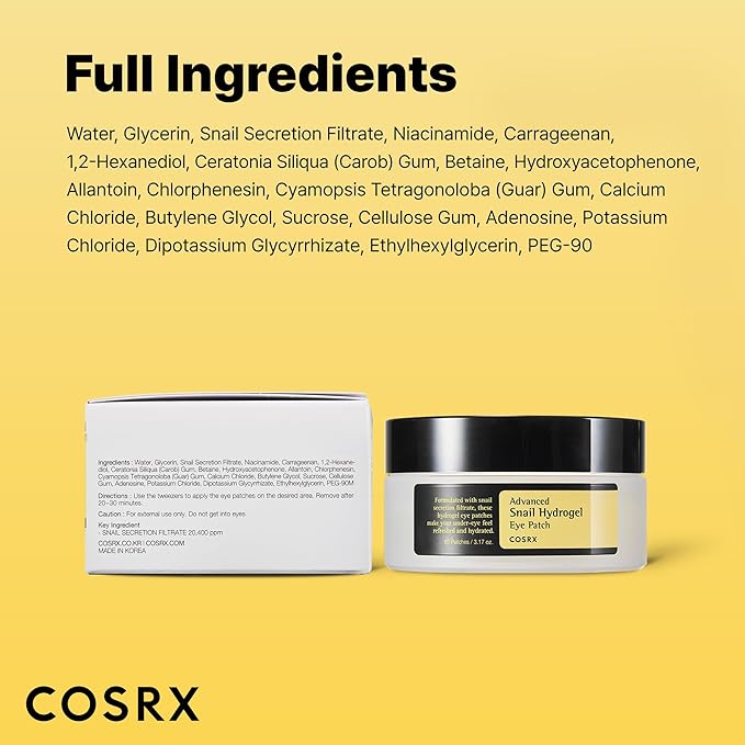 COSRX Advanced Snail Hydrogel Eye Patch (60pc), Gel Serum Mask, Puffy Undereye Treament, Fine Lines, Refresh, Hydrate, Korean Skin Care, Stocking Stuffers for women