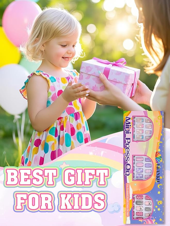 72 Pieces Press on Nails for Kids, EBANKU 3 Pack Kid Fake Nail Kit Purple Flower Black Streak Press on Nails for Girls 7-12 Years with Jelly Nail Adhesives