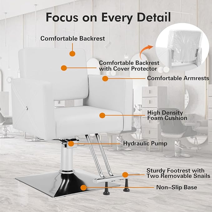 Artist hand White Salon Chair for Hair Stylist, Hydraulic Hair Salon Styling Chair with Back Cover, 360 Degree Swivel Barber Chair, Beauty Salon Equipment for Woman Man, Max Load 330 Lbs