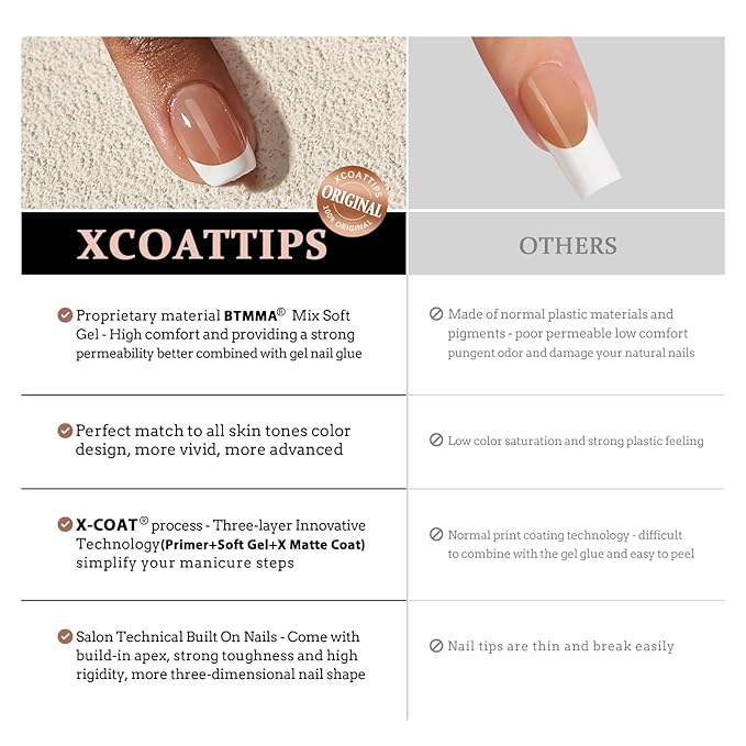 BTArtboxnails XCOATTIPS Press on Nails - French Tip Press on Nails, Fall Nails Short Almond Nail Tips, Skin Tones Soft Gel Nails False Nail, Soak Off Acrylic Nails Extensions Art
