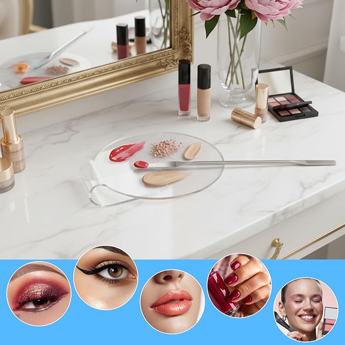 2 Pieces Makeup Mixing Palette with 1Pcs Mixing Stick, Clear Acrylic Makeup Palette Tray, Eyeshadow Hand Cosmetic Foundation Dish Handheld Make Up Plate for Blending
