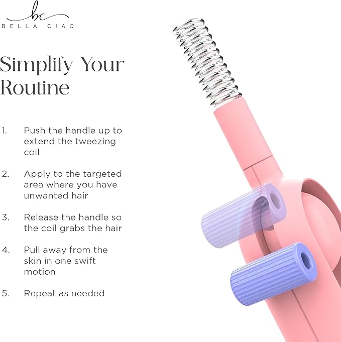 Bella Ciao Gentle Precision Facial Coil Tweezer, Facial Hair Remover for Women and Men, Hair-Removal Tool for Chin, Face, Upper Lip, and Body, Pink