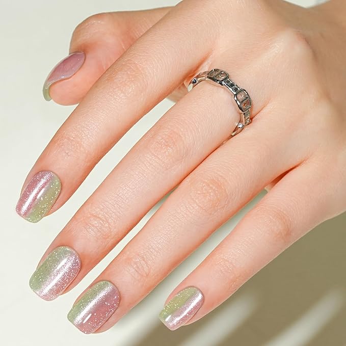 Press on Nails Short, Jofay Fashion Fake Nails, Two-color Ombre Cat Eye Press on Nails, Summer Acrylic False Nails, Reusable Stick on Nails for Women Girls, Glue on Nails Kit 32 Pcs, Honey Peach