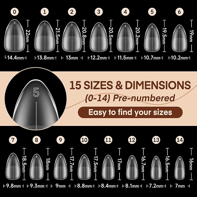 Short Almond Gel Nail Tips: 360Pcs Pre-Shape Short Nail Tips Almond Shape 15 Sizes Matte Full Cover Clear False Fake Nails for Extension Home DIY Salon
