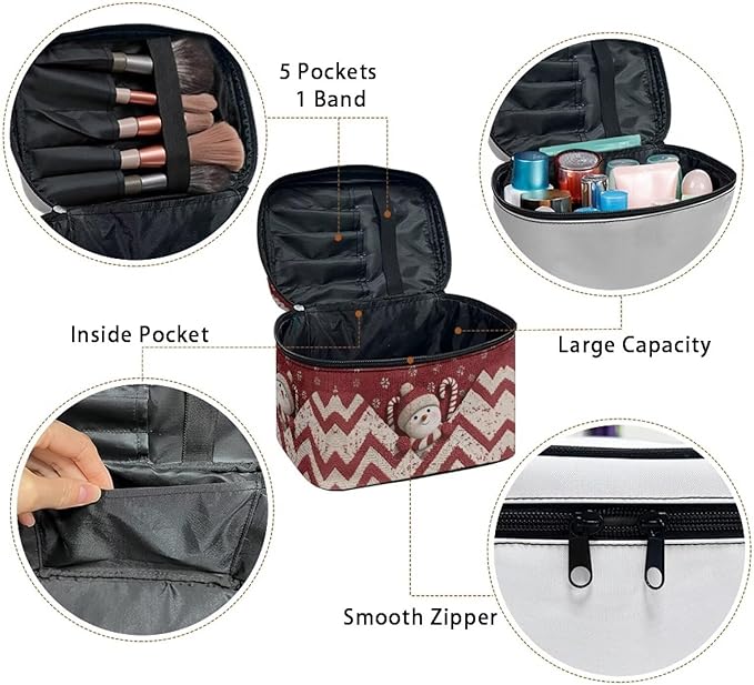 Snowman Chevron Print Travel Makeup Bags for Women Portable Tote Cosmetic Case with Carry Handle Toiletry Accessories Storage Organizer Bags for Christmas, Red