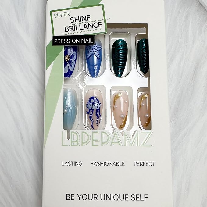 24Pcs Ocean Press on Nails Medium Almond Fake Nails with 3D Pearl Gold Shell Starfish Design Colorful Marine Life Summer False Nails Blue Gradient Acrylic Glossy Glue on Nails for Women Nails