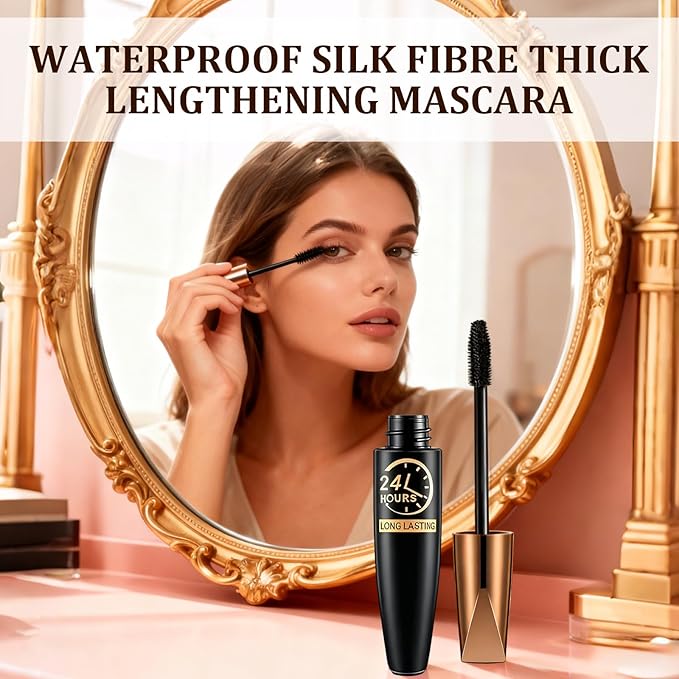 4D Silk Fiber Lash Mascara, Lengthening and Thick, 2025 New Black Fibre Mascaras, Waterproof Long-Lasting No Flaking, Long Lasting, Fuller Lashes Amplify, All Day Exquisitely Full(Back,2Pcs)