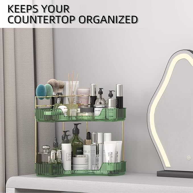 2 Tier Corner Bathroom Organizer Countertop, Vanity Makeup Organizer with Brush Holder, Space-Saving Skincare Storage Corner Shelf for Bathroom, Dressing Table, Kitchen