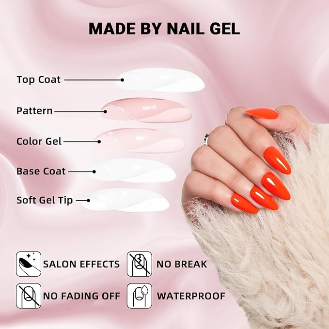 WOOYAS Press on Nails Almond,Bright Orange Medium Stiletto Glossy Handmade Gel False Nails,Reusable Salon Perfect Fake Nail Kit in 12 Sizes - 24 Pcs Soft Gel Glue On Nails Kit for Women