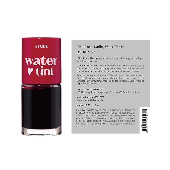 ETUDE Dear Darling Water Tint - Red Grapefruit Ade (9g) | Vivid Color Lip Stain with Moisturizing Weightless & Non-sticky Finish Lip Stain | Korean Makeup, Kbeauty