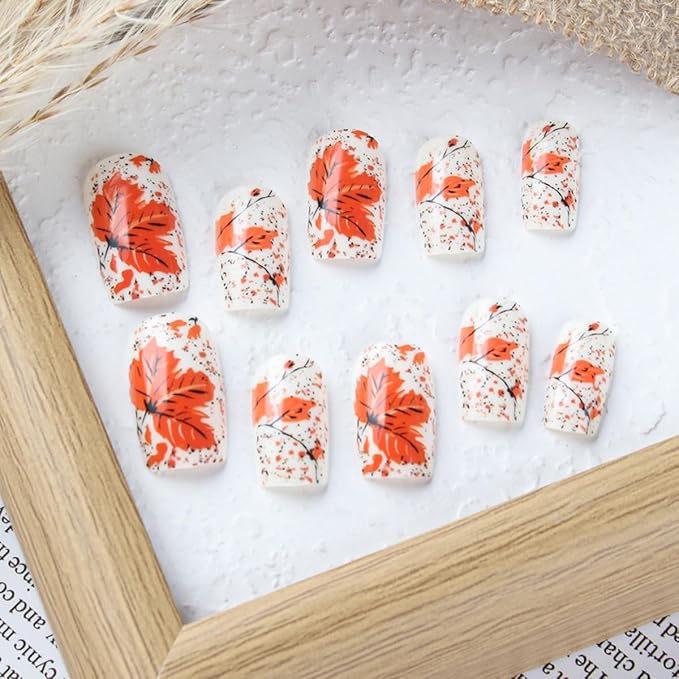 24Pcs Fall Press on Nails Square Medium Length Fake Nails Red Maple Leaves Autumn Nail Designs Thanksgiving Nail Press ons False Nails Glossy Reusable Autumn Winter Glue on Nails for Women
