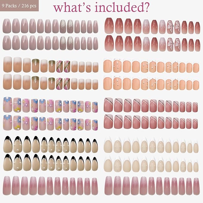 9 Packs (216 Pcs) Pink Gradient Nails - Square Coffin, Pearl French Almond, Glue on Nails for Girl Nail Art - 12 Sizes, 9 Styles