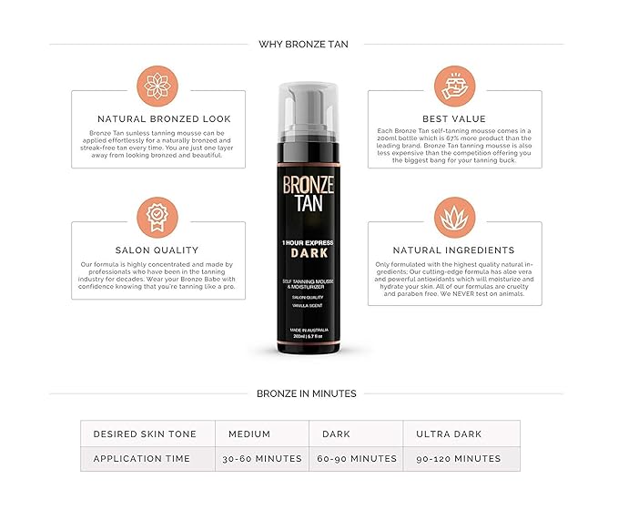 Bronze Tan Self Tanner Mousse Dark Self Tan Foam | Sunless Tanner for all Skin Tones | Salon Quality Fake Tan Vanilla Scented Best Sellers (200 ml/ 6.7 oz)