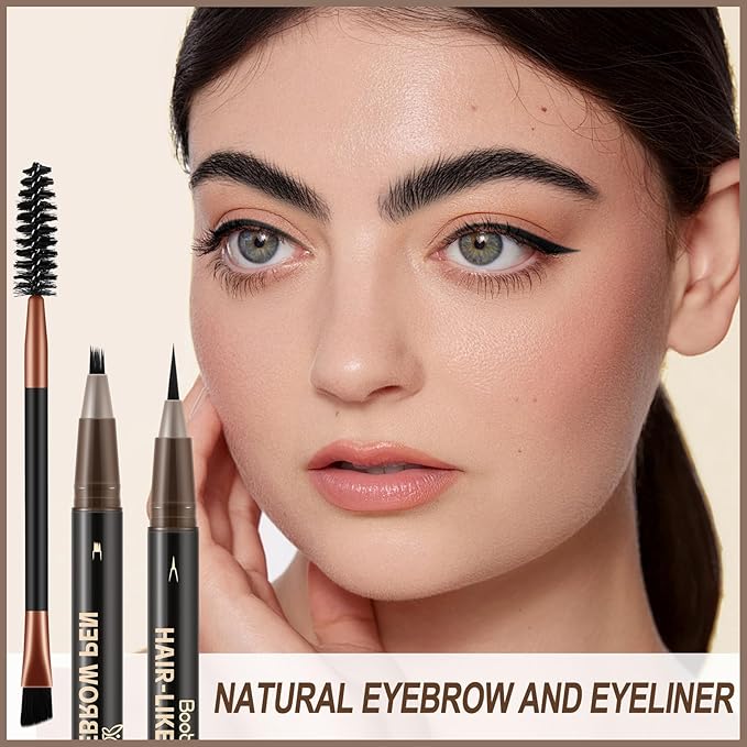 Boobeen 3pcs Waterproof Eyebrow Pen,Dual-Ended Eyeliner Microblading Eyebrow Pencil for Women,Long Lasting Hair-Like Brow Pen with Brow Brush,Dark Brown