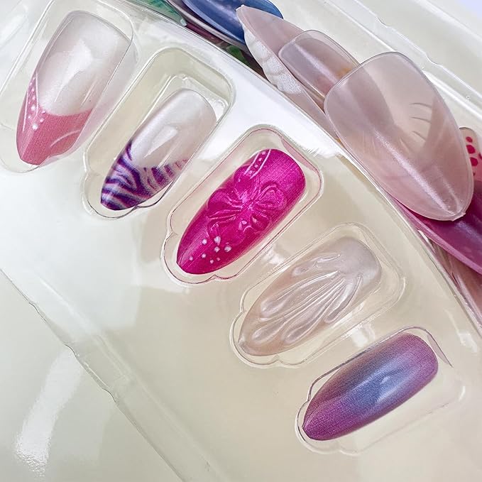 30Pcs Colorful Summer Press on Nails Medium Almond Fake Nails with 3D Shell Design Pink White Purple French Tip False Nails Y2K Blush Glitter Full Cover Glossy Stick on Nails for Women Decor