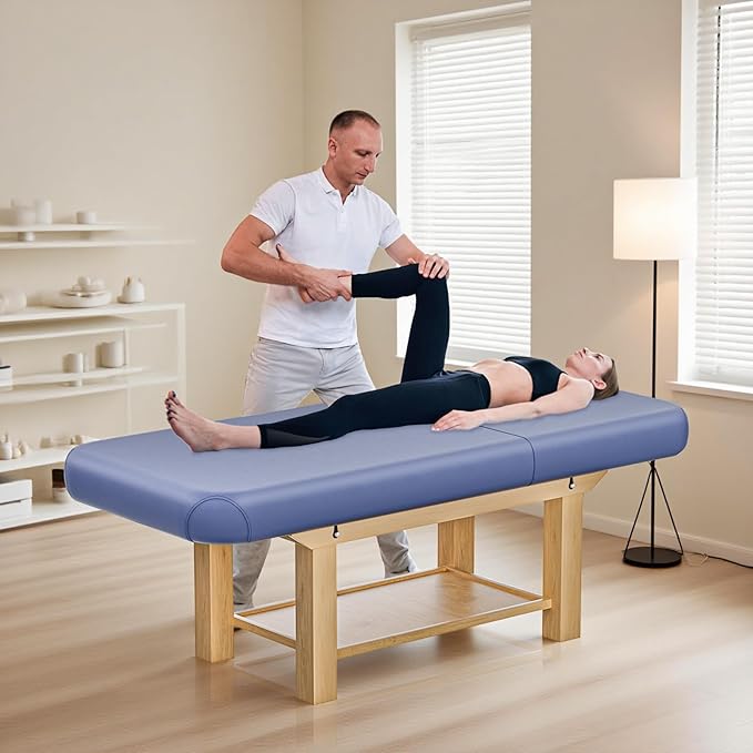 28in Wide Massage Table with 1500lbs Weight Capacity, Wooden Base, Massage Bed Adjustable Backrest for Professional & Home Use, Spa Treatment Table for Relaxation and Therapy,Blue