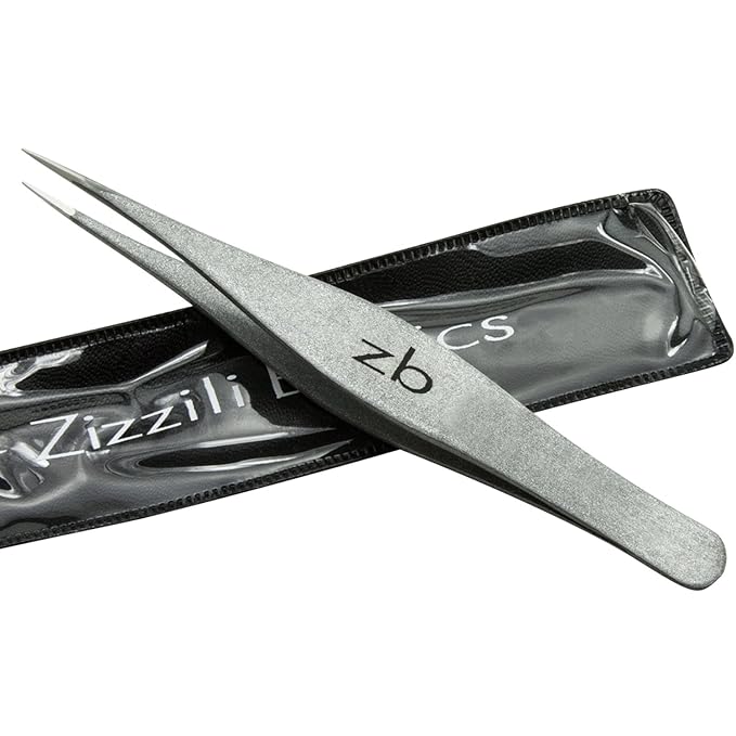 Ingrown Hair Tweezers by Zizzili Basics - Surgical Grade Stainless Steel Fine Pointed Tweezer - Precision Aligned Tips for Splinter, Eyebrow & Facial Hair Removal - with Bonus Tip Guard & Carry Pouch