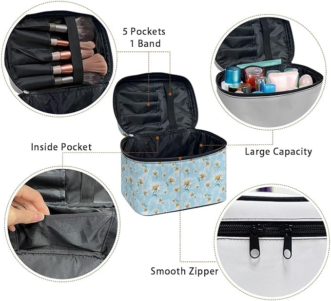 Daisy Flowers Blue Pattern Travel Makeup Bags for Women Portable Tote Cosmetic Case with Carry Handle Toiletry Accessories Storage Organizer Bags