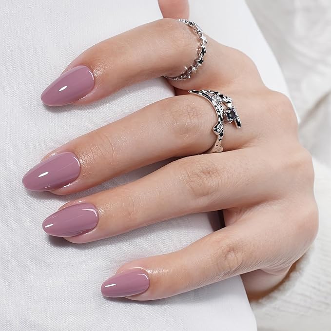 Mauve Press On Nails - Pink Milk Short Fake Nails, Almond Press On Nails Reusable Stick On Nails in 16 Sizes, 32pcs False Nail Kit for Women & Girls