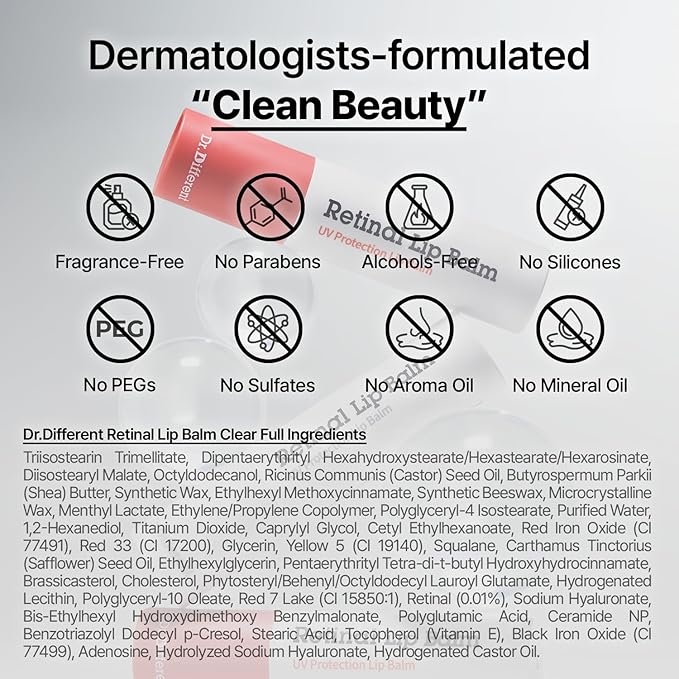 Dr.Different Retinal Lip Balm Tinted, Anti-Wrinkle Lip Treatment with Deep Hydration & Long-Lasting Moisture, K-Skincare made by Korean Dermatologist, 0.14oz