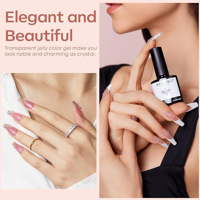 modelones Gel Nail Polish 6 Colors Transparent Jelly Milky White Sheer Pink Neutral Nude Gel Polish Nail Soak off Nail Polish French Nail Art Manicure DIY Home Salon Gift for Women
