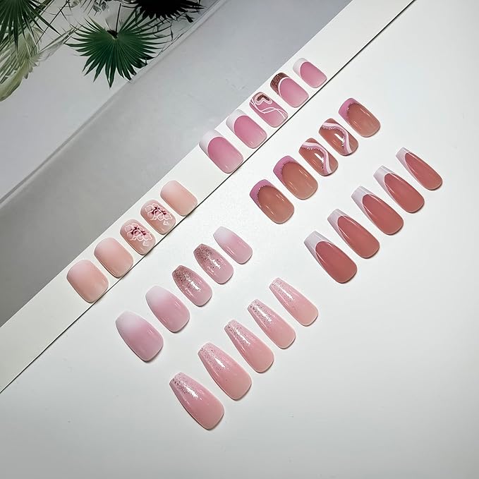 6 Packs (144 Pcs) Press on Nails Medium - Jsiallye Pink Gradient Press on Nails Square Coffin, Glue on with Nail in 12 Sizes - 24 Fake Nails Kit, French Tip Stick on Nails for Women
