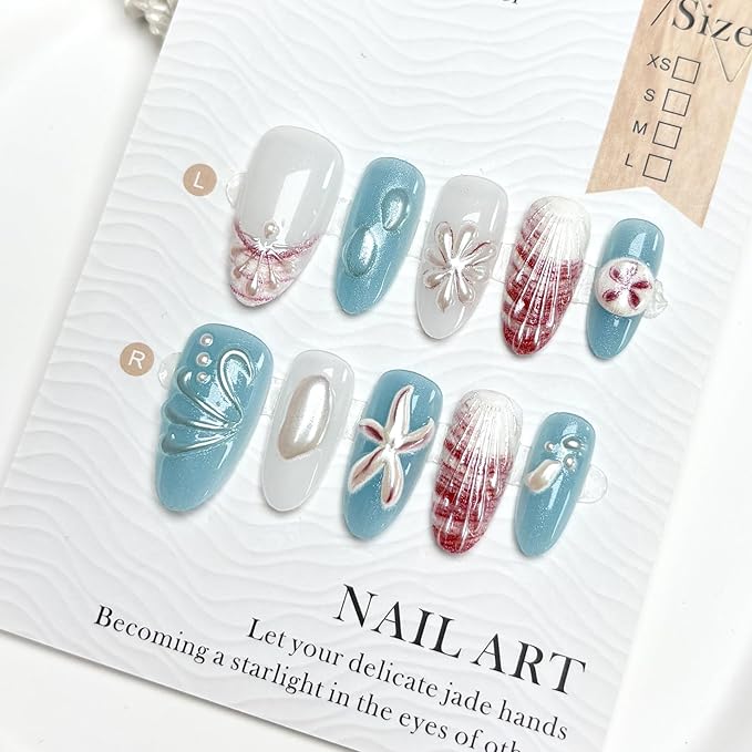 30Pcs Summer Press on Nails Medium Almond Fake Nails with 3D Pearl Ice Flower Shell Design White French Tip Acrylic False Nails Spring Floral Blue Ombre Full Cover Stick on Nails for Women