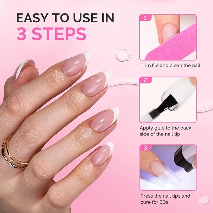 MelodySusie 3Free 5 in 1 Nail Glue Gel for False Nail Tips, NO Hema HPMA TPO, Super Sticky and Strong Adhesion, Rhinestone, Blooming Gel, Base Coat, UV Lamp Curing Needed,2 Pcs 15ml