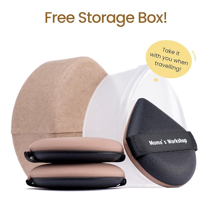 Momo's Workshop Geego Black Lychee-Pattern Leather Makeup Puff - Water Drop Shape, Dry/Wet Dual Use, Reinforced Strap, Flawless Foundation Application for Cushion/Foundation,3pcs & Storage Case