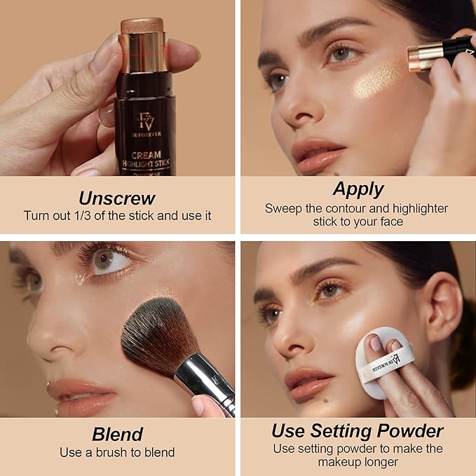 FV Cool Toned Contour and Highlighter Stick - Highly Pigmented & Blendable Duo for a Sculpted, Natural Glow | Waterproof & Long-Lasting Finish | Perfect for On-The-Go Makeup, 01 Amber & 03 Champagne