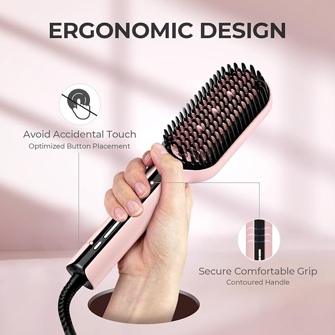 TYMO Hair Straightener Brush - Upgraded Ionic Plus Straightening Brush with Dense Bristles, 16 Temps, Dual Voltage | Ceramic Hot Comb for Women | Flat Iron for Thick Curly Hair, Pink
