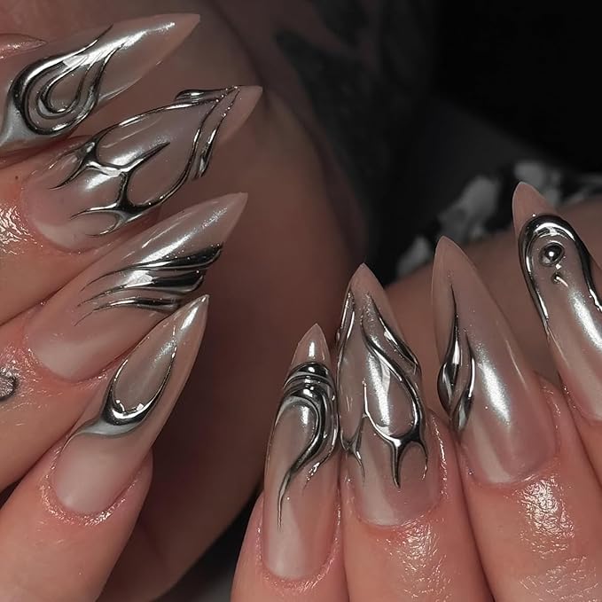 IMRAIN Press on Nails Medium Almond Fake Nails Nude Cat's Eye False Nails with 3D Irregular Line Designs Acrylic Nail Supplies Glossy Glue on Nails for Women Girls Manicure Decor