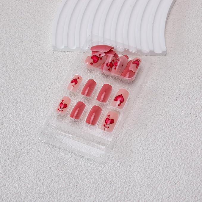 Red Press on Nails Short Square Fake Nails Heart Acrylic Nails False Nails Clossy Stick on Nails Cute Artificial Nails for Women Girls Manicure 24Pcs