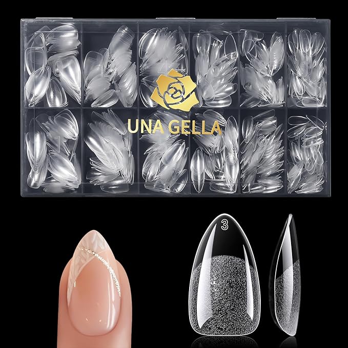 UNA GELLA Short Almond Gel Nail Tips, 600 Pcs Pre-Filed Short Nail Tips Almond Shape Half Matte Press On Nails 12 Sizes Full Cover Clear Fake Nails for Extension Home DIY Salon with Box